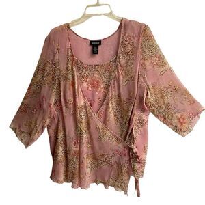 Avenue floral leopard boho‎ print silk side wrap blouse women’s 18 scoop neck￼